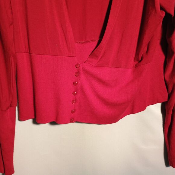 Red Deep V-Neck Blouse with Button Detail – Long Sleeve Wrap Style Top - Picture 3 of 5